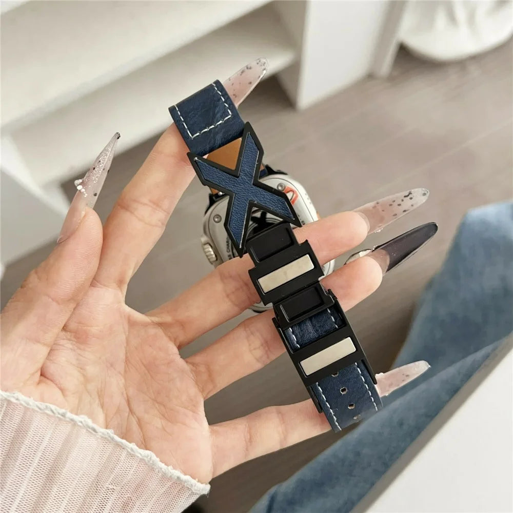 Genuine Leather Watch Band For Apple Watch Ultra 3 2 1 49mm / Series 11 10 46mm / 9 8 7 45mm / SE3 SE2 SE 6 5 4 44mm / 3 2 1 42mm Strap with Magnetic X-Buckle - Dark Blue - 5