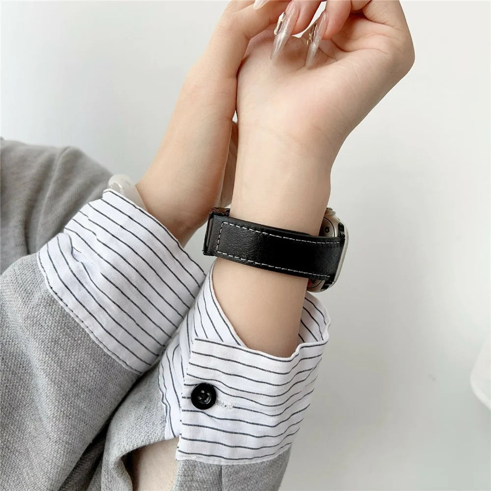Genuine Leather Watch Band For Apple Watch Ultra 3 2 1 49mm / Series 11 10 46mm / 9 8 7 45mm / SE3 SE2 SE 6 5 4 44mm / 3 2 1 42mm Strap with Magnetic X-Buckle - Dark Blue - 6