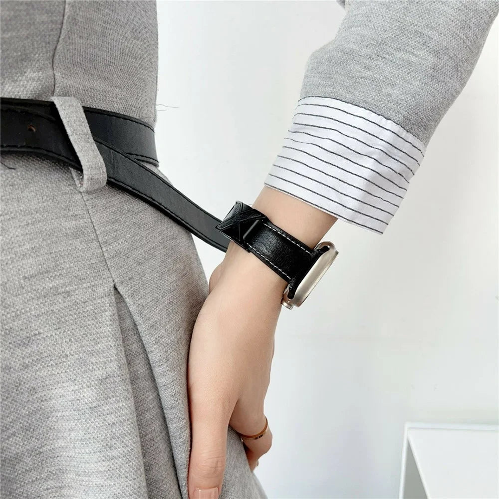 Genuine Leather Watch Band For Apple Watch Ultra 3 2 1 49mm / Series 11 10 46mm / 9 8 7 45mm / SE3 SE2 SE 6 5 4 44mm / 3 2 1 42mm Strap with Magnetic X-Buckle - Dark Blue - 7