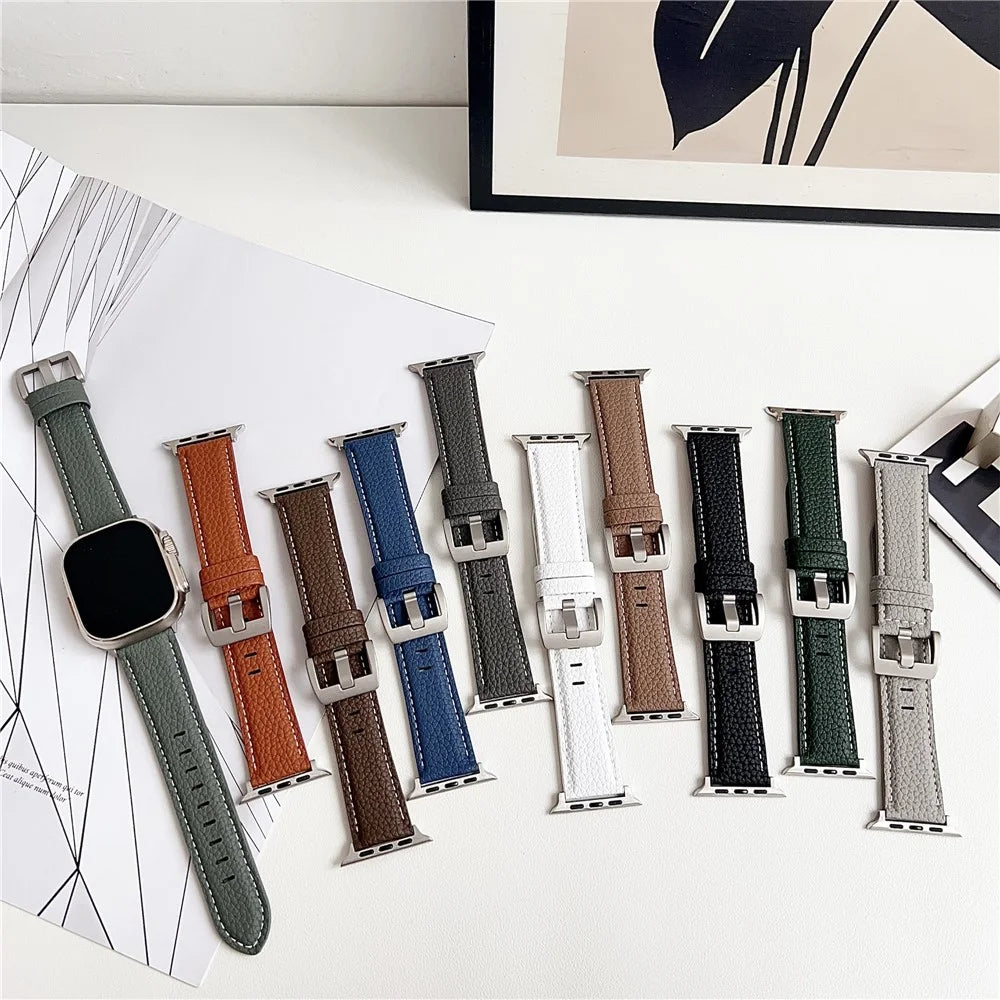 Litchi Texture Leather Band For Apple Watch Series 11 10 42mm / 9 8 7 41mm / SE3 SE2 SE 6 5 4 40mm / 3 2 1 38mm Watchbands Wrist Strap - Midnight Green - 5