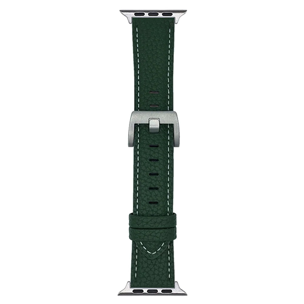 Litchi Texture Leather Band For Apple Watch Ultra 3 2 1 49mm / Series 11 10 46mm / 9 8 7 45mm / SE3 SE2 SE 6 5 4 44mm / 3 2 1 42mm Watchbands Wrist Strap - Midnight Green - 1