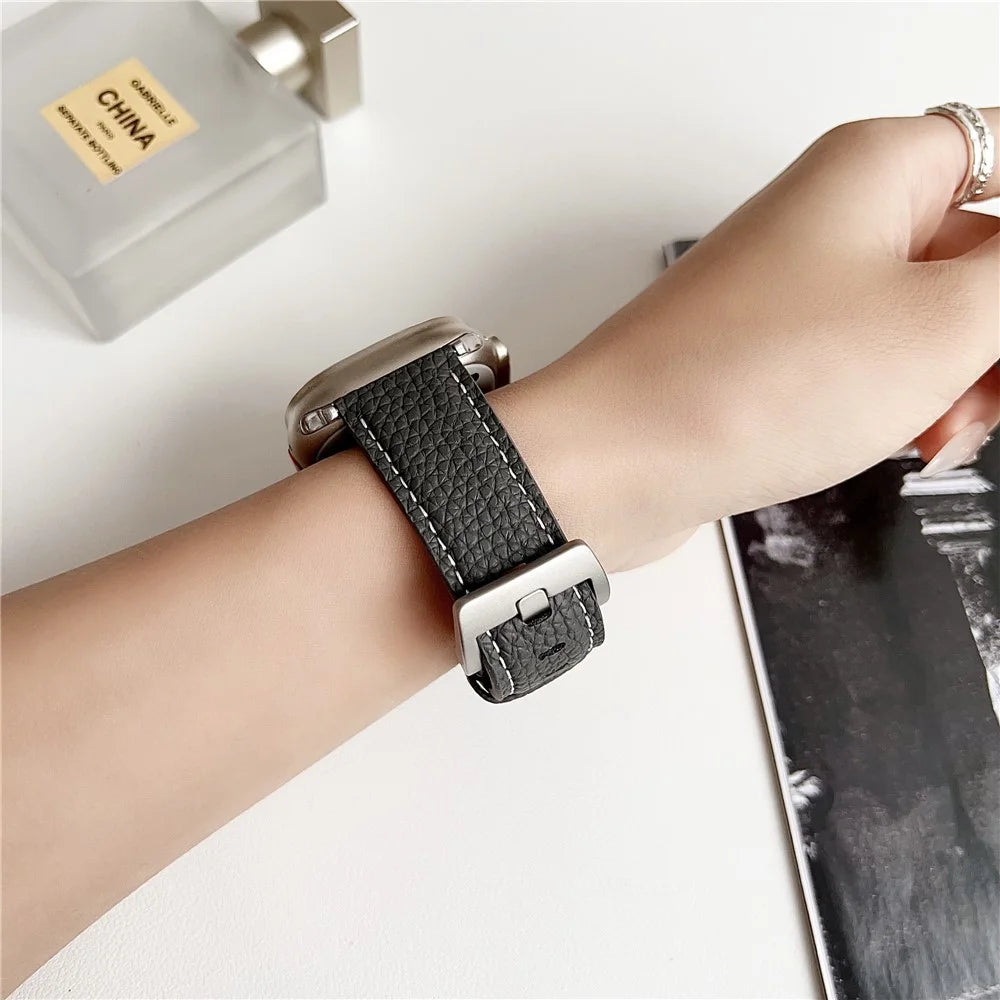 Litchi Texture Leather Band For Apple Watch Ultra 3 2 1 49mm / Series 11 10 46mm / 9 8 7 45mm / SE3 SE2 SE 6 5 4 44mm / 3 2 1 42mm Watchbands Wrist Strap - Midnight Green - 2