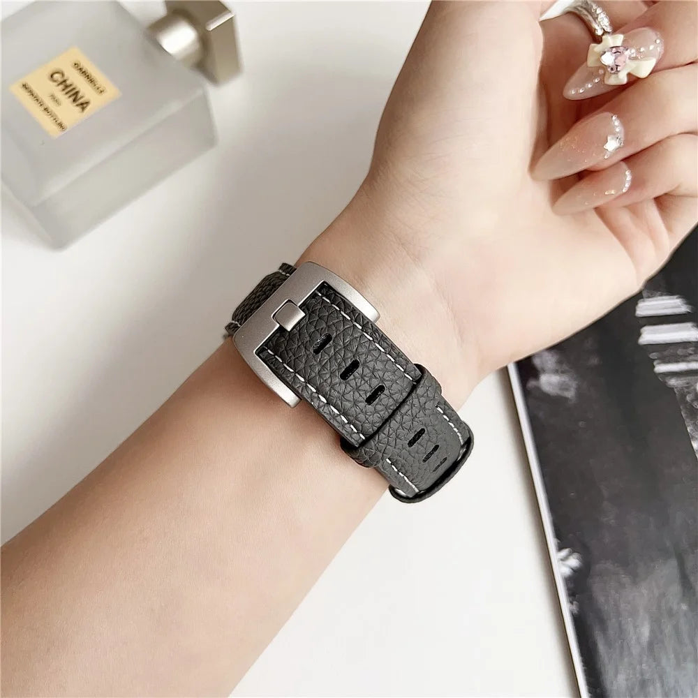 Litchi Texture Leather Band For Apple Watch Ultra 3 2 1 49mm / Series 11 10 46mm / 9 8 7 45mm / SE3 SE2 SE 6 5 4 44mm / 3 2 1 42mm Watchbands Wrist Strap - Midnight Green - 3