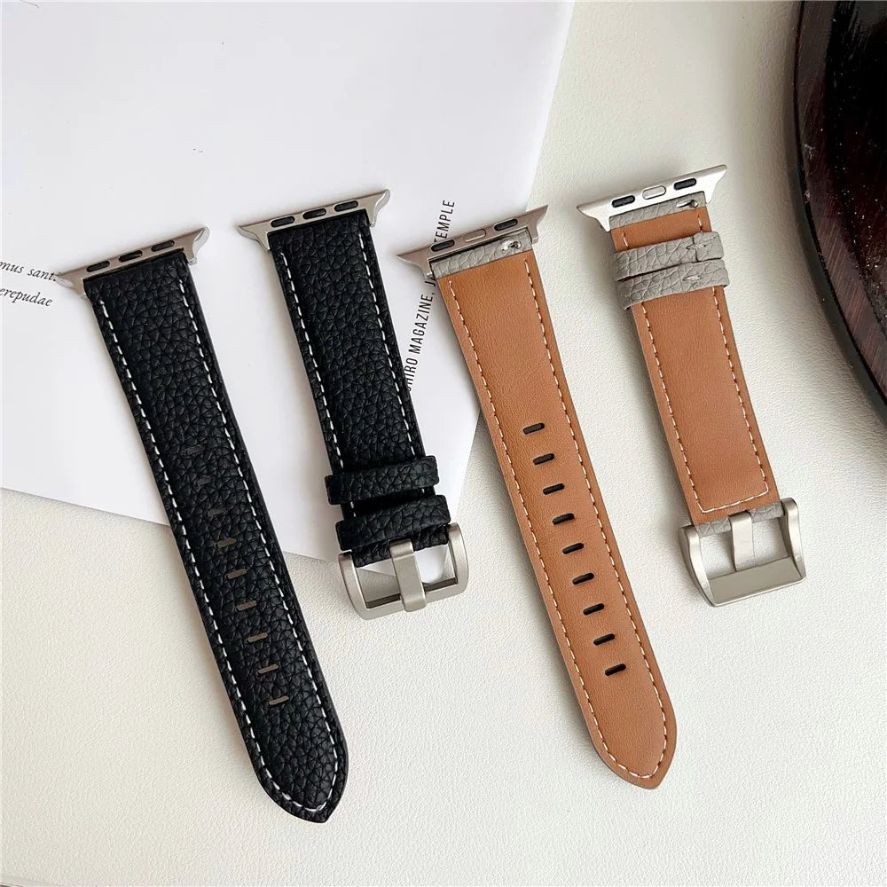 Litchi Texture Leather Band For Apple Watch Ultra 3 2 1 49mm / Series 11 10 46mm / 9 8 7 45mm / SE3 SE2 SE 6 5 4 44mm / 3 2 1 42mm Watchbands Wrist Strap - Midnight Green - 6