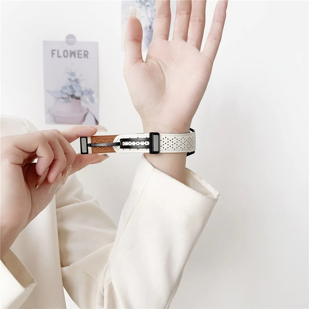 20mm Replacement Strap for Samsung Galaxy Watch7 44mm / 40mm Magnetic Buckle Genuine Leather Watch Band with Multi Hole - White - 5