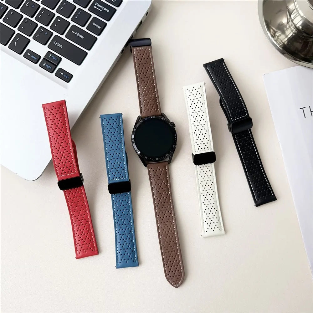 20mm Replacement Strap for Samsung Galaxy Watch7 44mm / 40mm Magnetic Buckle Genuine Leather Watch Band with Multi Hole - White - 6