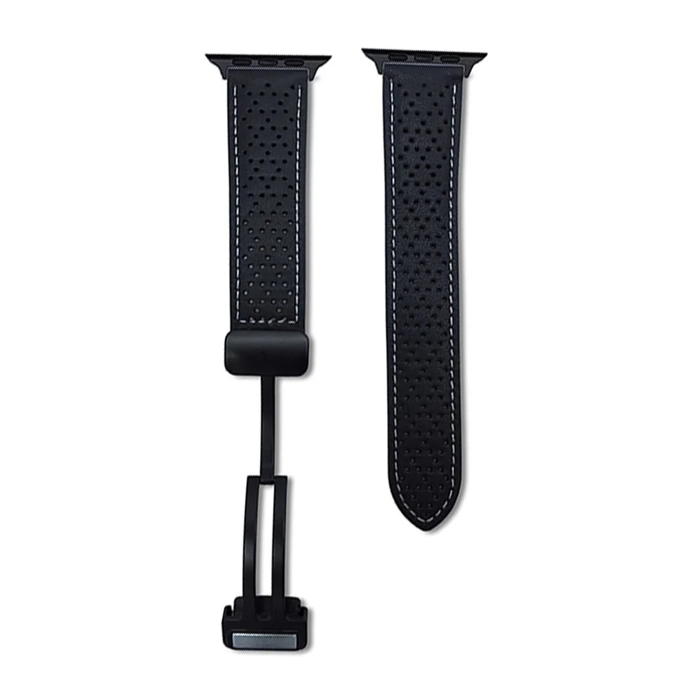 Replacement Strap for Apple Watch Ultra 3 2 1 49mm / Series 11 10 46mm / 9 8 7 45mm / SE3 SE2 SE 6 5 4 44mm / 3 2 1 42mm Magnetic Buckle Genuine Leather Watch Band - Black - 1