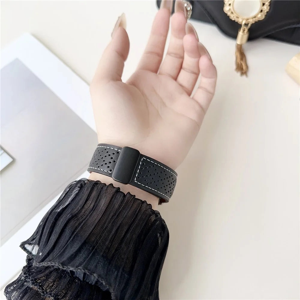 Replacement Strap for Apple Watch Ultra 3 2 1 49mm / Series 11 10 46mm / 9 8 7 45mm / SE3 SE2 SE 6 5 4 44mm / 3 2 1 42mm Magnetic Buckle Genuine Leather Watch Band - Black - 4