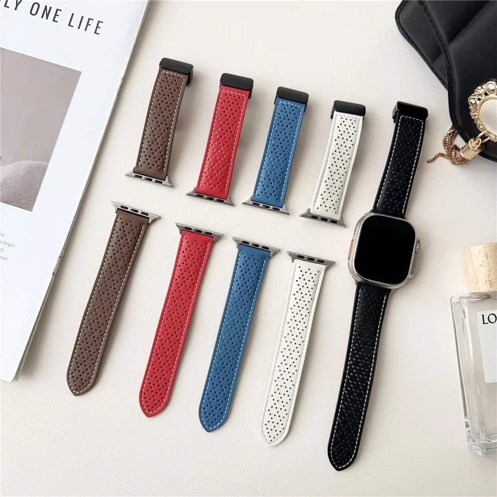 Replacement Strap for Apple Watch Ultra 3 2 1 49mm / Series 11 10 46mm / 9 8 7 45mm / SE3 SE2 SE 6 5 4 44mm / 3 2 1 42mm Magnetic Buckle Genuine Leather Watch Band - Black - 6