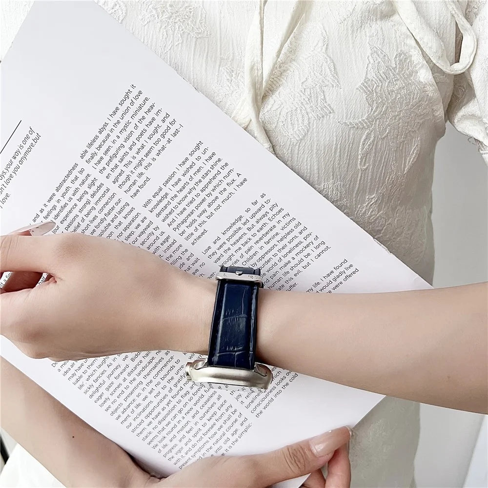 Watch Strap for Apple Watch Ultra 3 2 1 49mm / Series 11 10 46mm / 9 8 7 45mm / SE3 SE2 SE 6 5 4 44mm / 3 2 1 42mm Bamboo Texture PU + Silicone Band - Midnight Blue - 3
