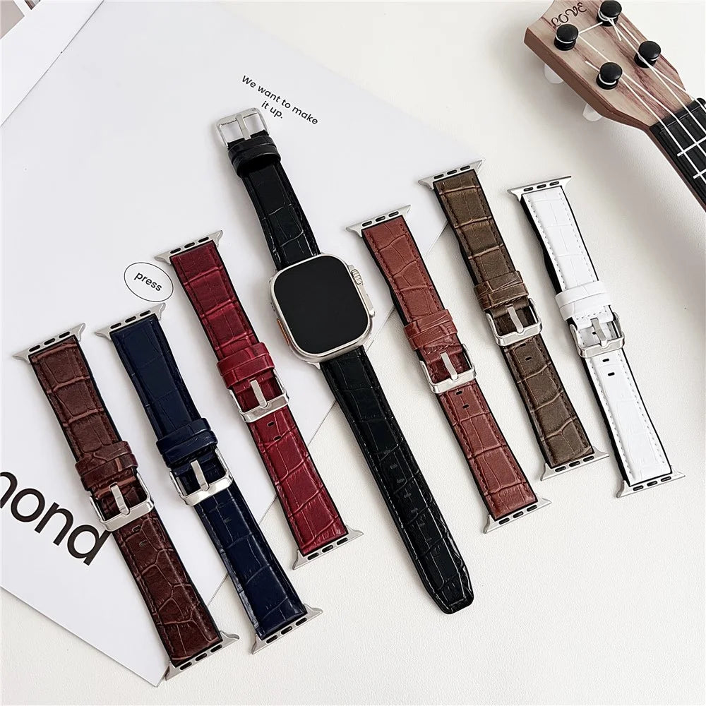 Watch Strap for Apple Watch Ultra 3 2 1 49mm / Series 11 10 46mm / 9 8 7 45mm / SE3 SE2 SE 6 5 4 44mm / 3 2 1 42mm Bamboo Texture PU + Silicone Band - Midnight Blue - 6