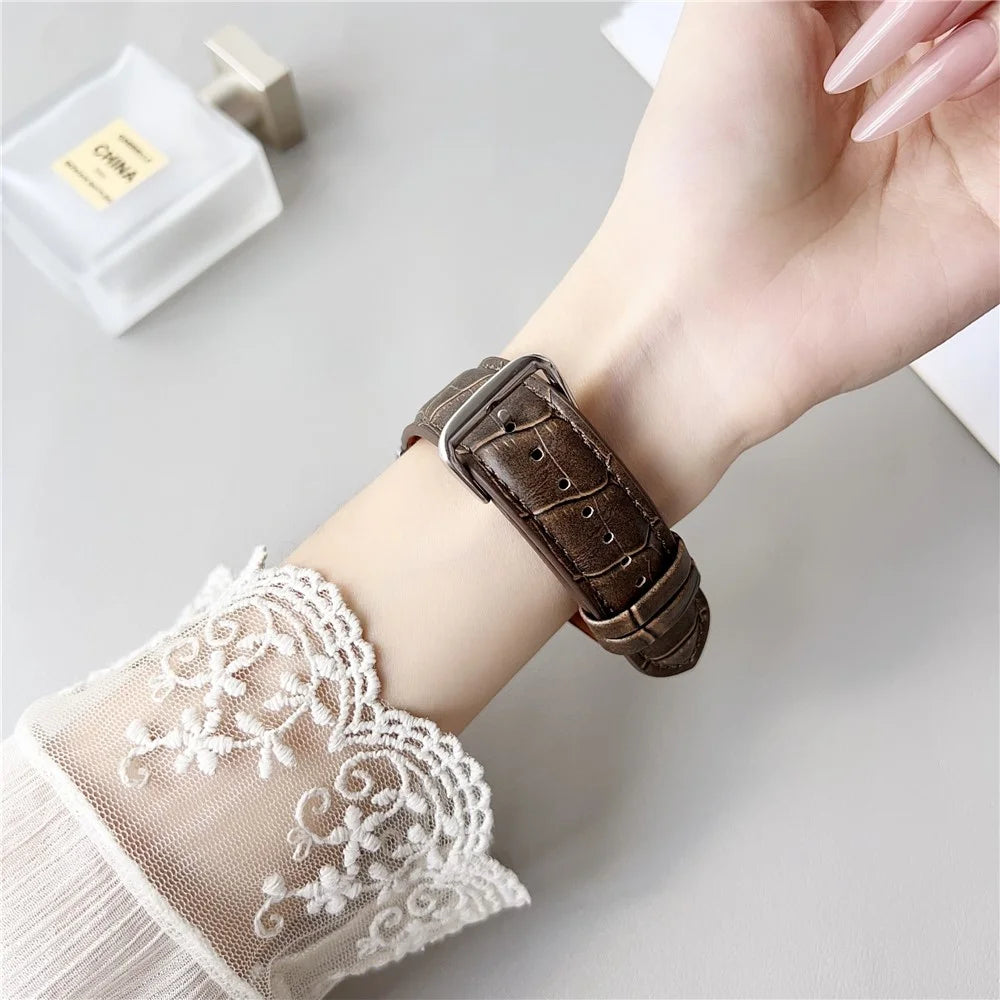 Replacement Strap for Apple Watch Ultra 3 2 1 49mm / Series 11 10 46mm / 9 8 7 45mm / SE3 SE2 SE 6 5 4 44mm / 3 2 1 42mm Bamboo Pattern Leather Watch Band - Tan - 2