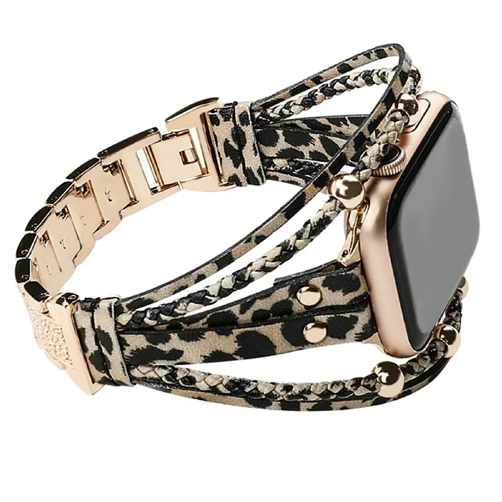 Watch Band For Apple Watch Series 11 10 42mm / 9 8 7 41mm / SE3 SE2 SE 6 5 4 40mm / 3 2 1 38mm Braided Double Loop Alloy Leather Strap - Leopard  /  Rose Gold - 1