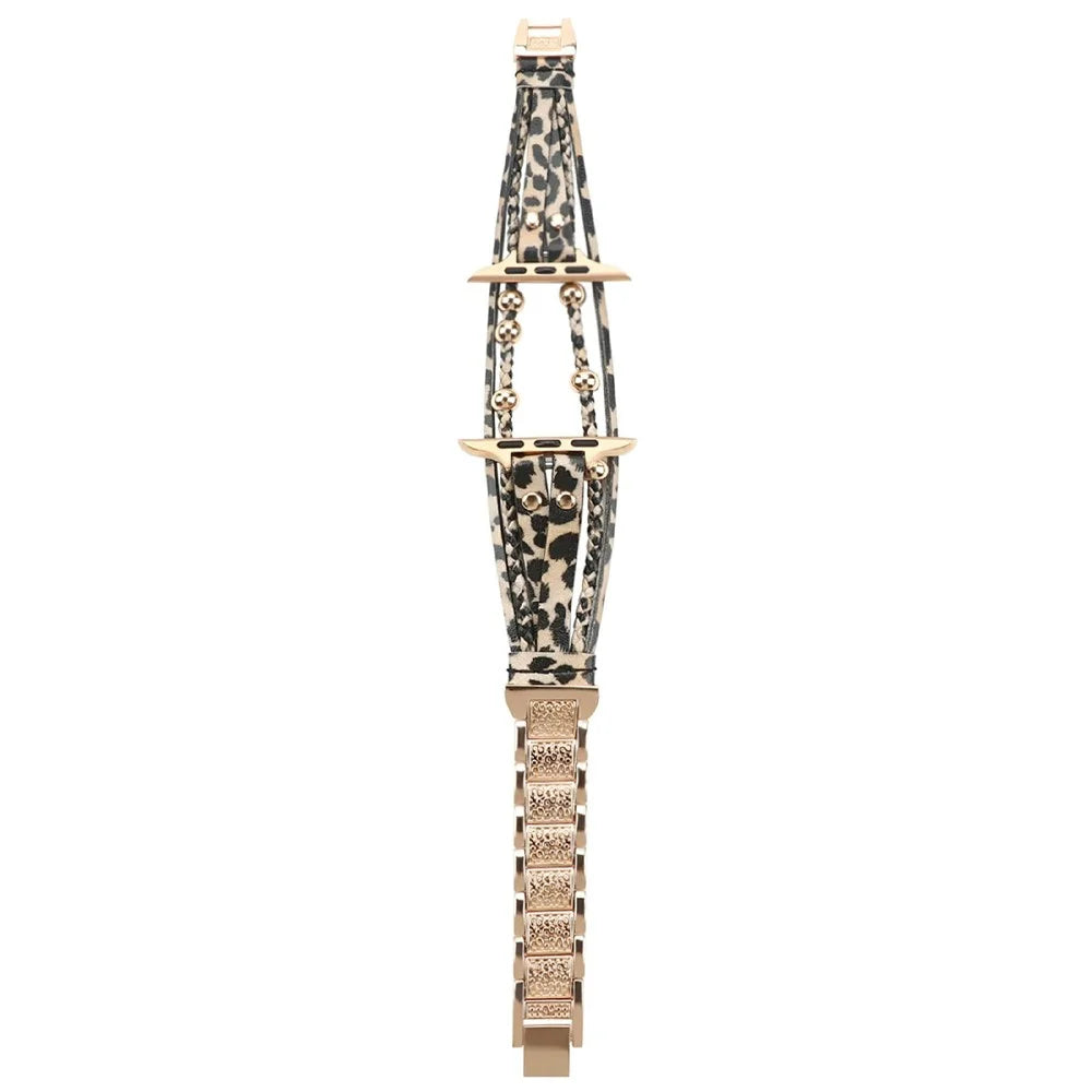 Watch Band For Apple Watch Series 11 10 42mm / 9 8 7 41mm / SE3 SE2 SE 6 5 4 40mm / 3 2 1 38mm Braided Double Loop Alloy Leather Strap - Leopard  /  Rose Gold - 2