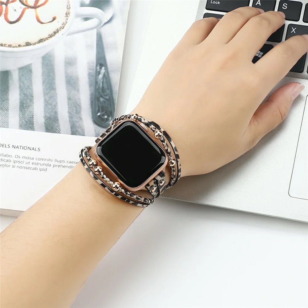 Watch Band For Apple Watch Series 11 10 42mm / 9 8 7 41mm / SE3 SE2 SE 6 5 4 40mm / 3 2 1 38mm Braided Double Loop Alloy Leather Strap - Leopard  /  Rose Gold - 3