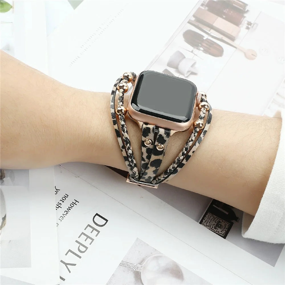 Watch Band For Apple Watch Series 11 10 42mm / 9 8 7 41mm / SE3 SE2 SE 6 5 4 40mm / 3 2 1 38mm Braided Double Loop Alloy Leather Strap - Leopard  /  Rose Gold - 4
