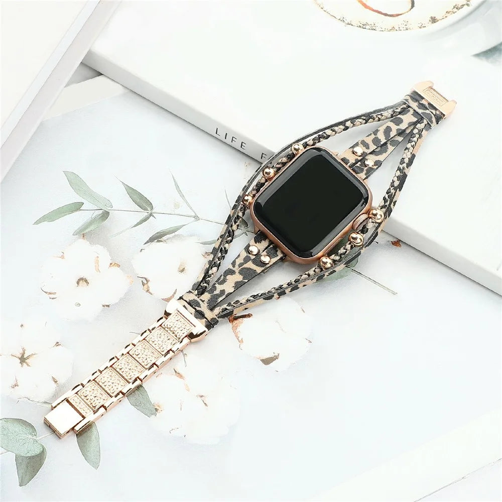 Watch Band For Apple Watch Series 11 10 42mm / 9 8 7 41mm / SE3 SE2 SE 6 5 4 40mm / 3 2 1 38mm Braided Double Loop Alloy Leather Strap - Leopard  /  Rose Gold - 5