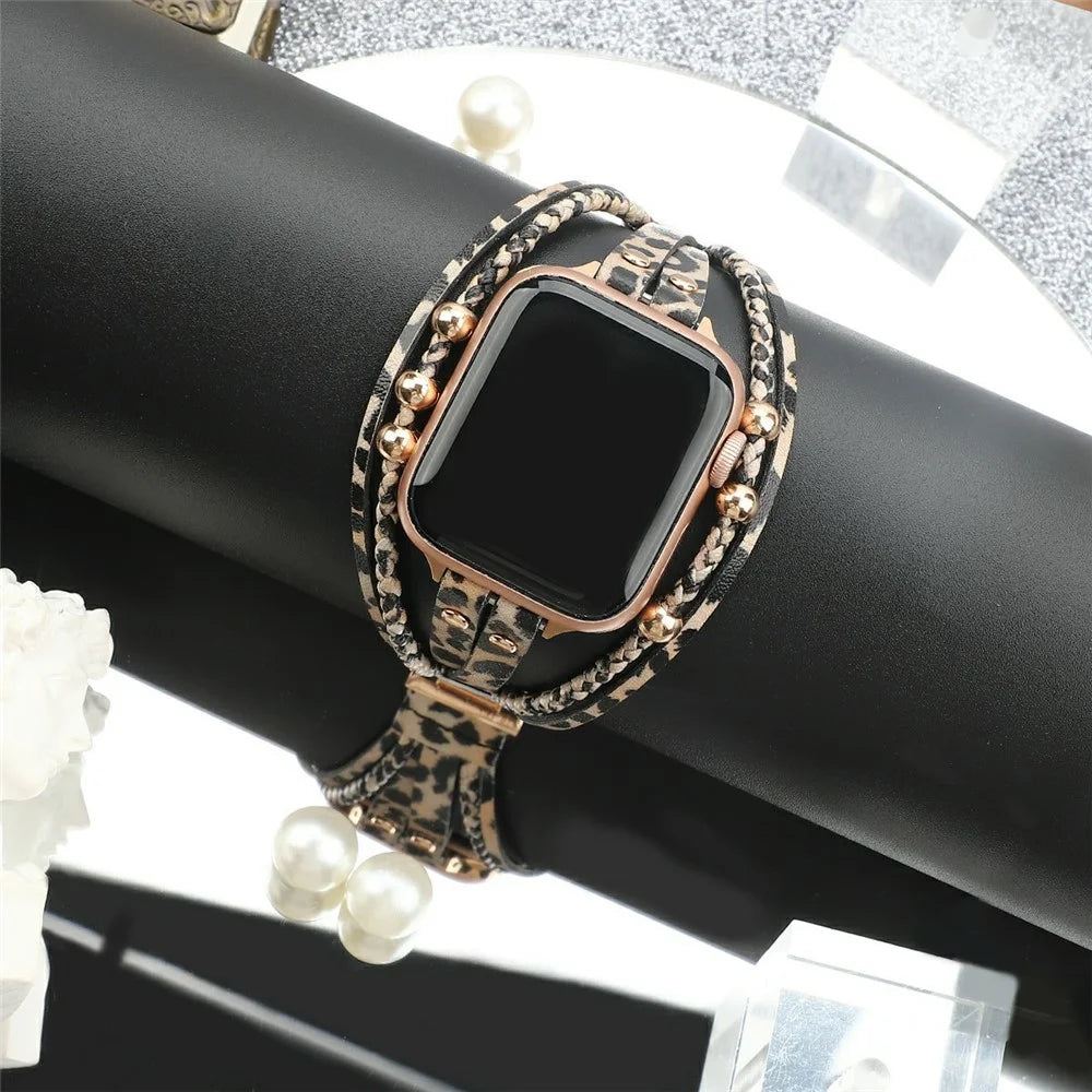 Watch Band For Apple Watch Series 11 10 42mm / 9 8 7 41mm / SE3 SE2 SE 6 5 4 40mm / 3 2 1 38mm Braided Double Loop Alloy Leather Strap - Leopard  /  Rose Gold - 6