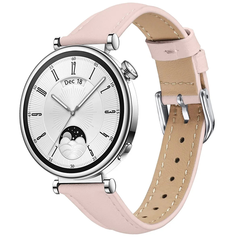 For Huawei Watch GT 5 41mm Watch Band 18mm Slim Genuine Cow Leather Strap with Silver Buckle - Pink - 2