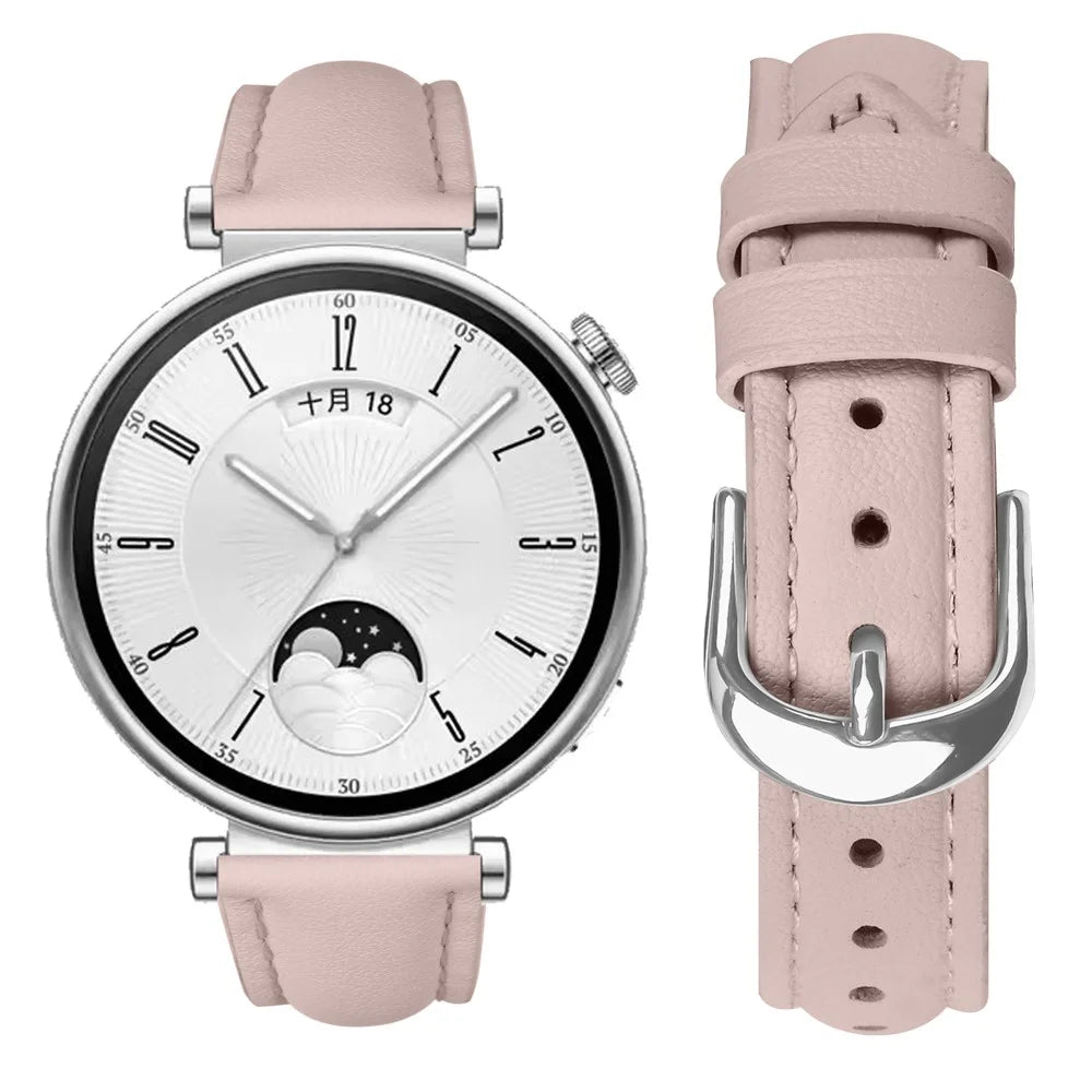 For Huawei Watch GT 5 41mm Watch Band 18mm Slim Genuine Cow Leather Strap with Silver Buckle - Pink - 3