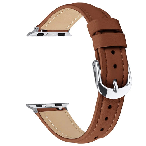 Watch Band For Apple Watch Series 11 10 42mm / 9 8 7 41mm / SE3 SE2 SE 6 5 4 40mm / 3 2 1 38mm Slim Genuine Cow Leather Strap with Silver Buckle - Brown - 1