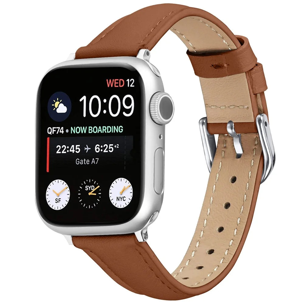 Watch Band For Apple Watch Series 11 10 42mm / 9 8 7 41mm / SE3 SE2 SE 6 5 4 40mm / 3 2 1 38mm Slim Genuine Cow Leather Strap with Silver Buckle - Brown - 2