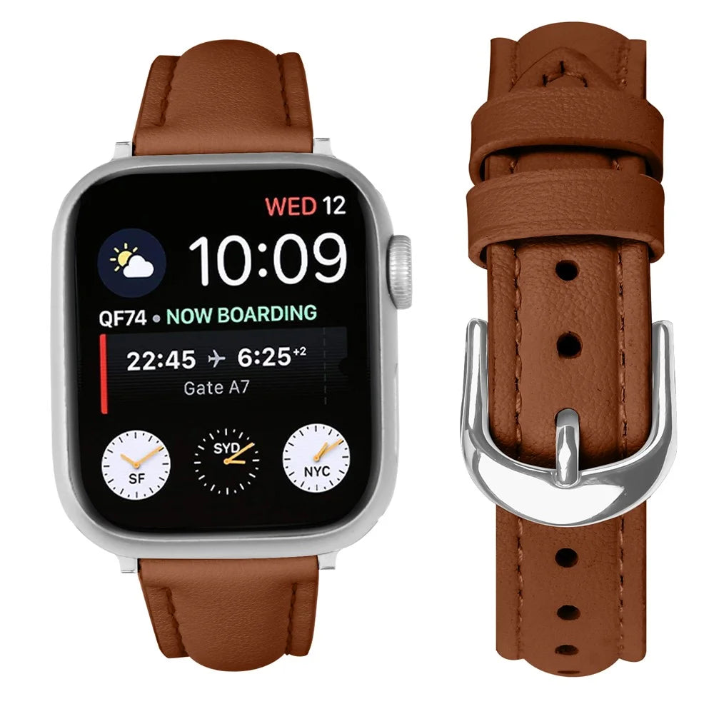 Watch Band For Apple Watch Series 11 10 42mm / 9 8 7 41mm / SE3 SE2 SE 6 5 4 40mm / 3 2 1 38mm Slim Genuine Cow Leather Strap with Silver Buckle - Brown - 3