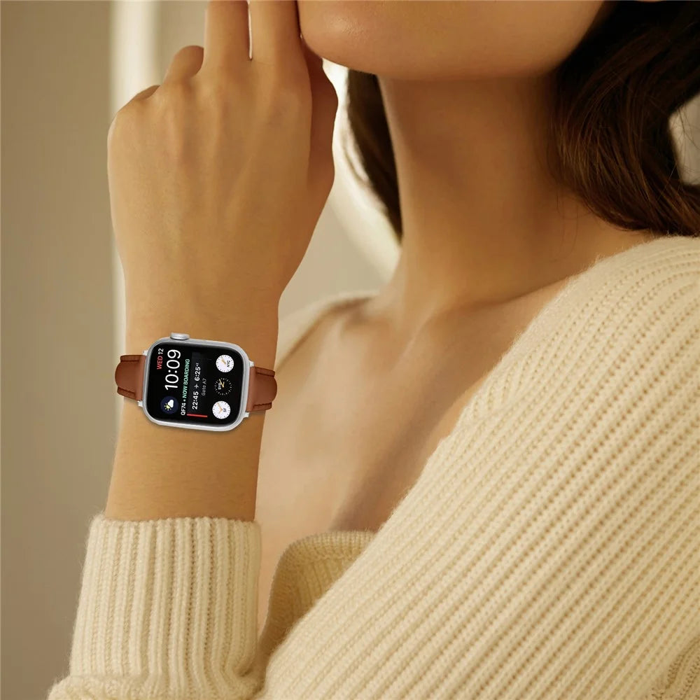 Watch Band For Apple Watch Series 11 10 42mm / 9 8 7 41mm / SE3 SE2 SE 6 5 4 40mm / 3 2 1 38mm Slim Genuine Cow Leather Strap with Silver Buckle - Brown - 4