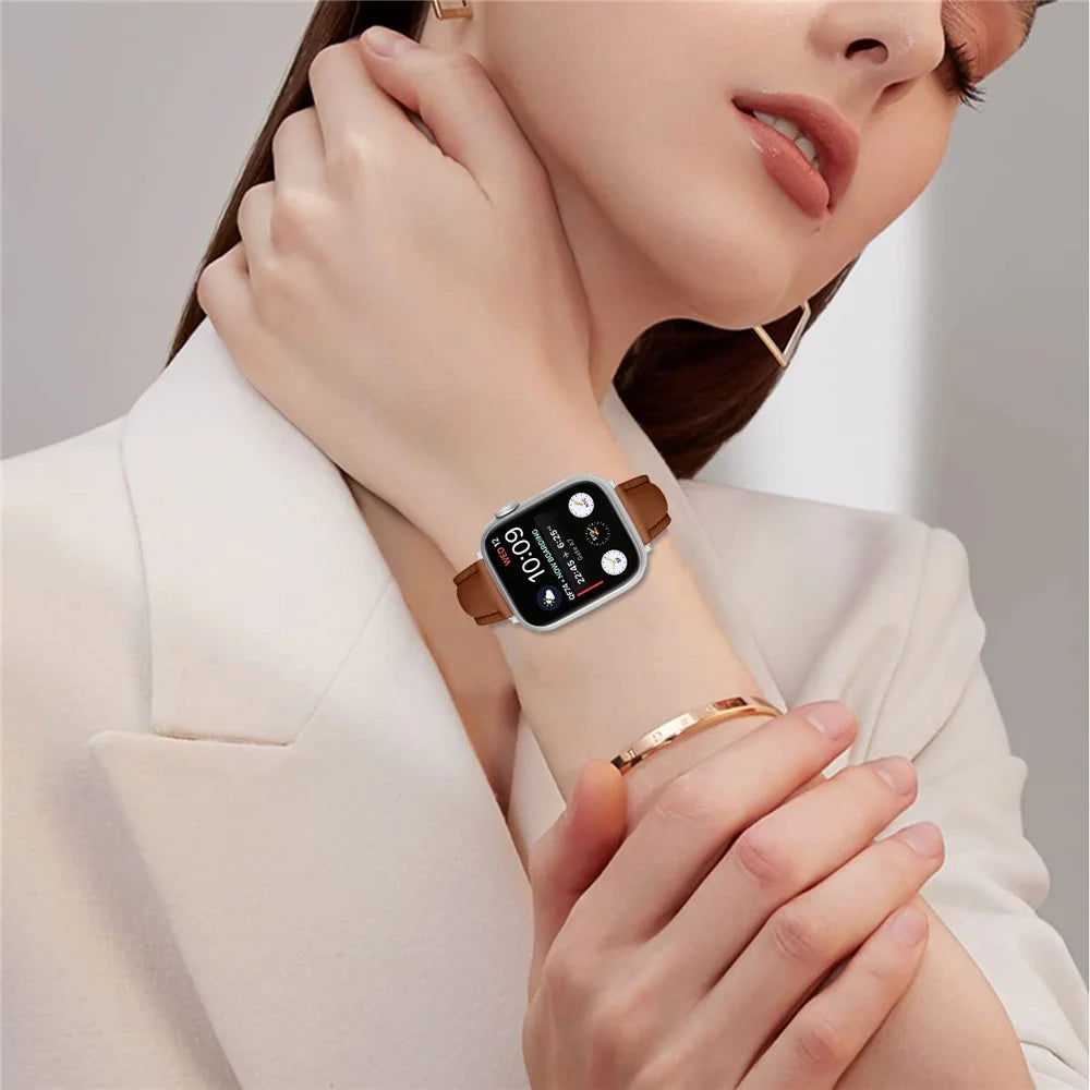 Watch Band For Apple Watch Series 11 10 42mm / 9 8 7 41mm / SE3 SE2 SE 6 5 4 40mm / 3 2 1 38mm Slim Genuine Cow Leather Strap with Silver Buckle - Brown - 5