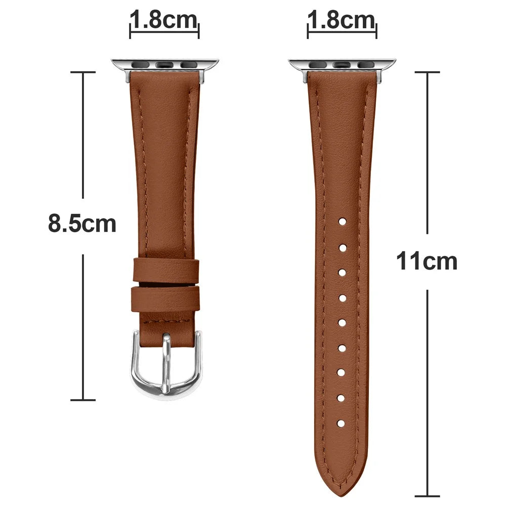 Watch Band For Apple Watch Series 11 10 42mm / 9 8 7 41mm / SE3 SE2 SE 6 5 4 40mm / 3 2 1 38mm Slim Genuine Cow Leather Strap with Silver Buckle - Brown - 6