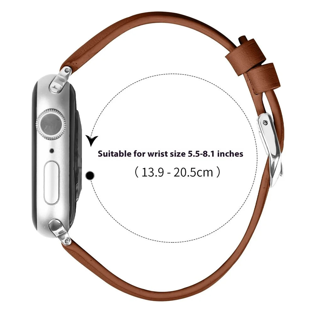 Watch Band For Apple Watch Series 11 10 42mm / 9 8 7 41mm / SE3 SE2 SE 6 5 4 40mm / 3 2 1 38mm Slim Genuine Cow Leather Strap with Silver Buckle - Brown - 7