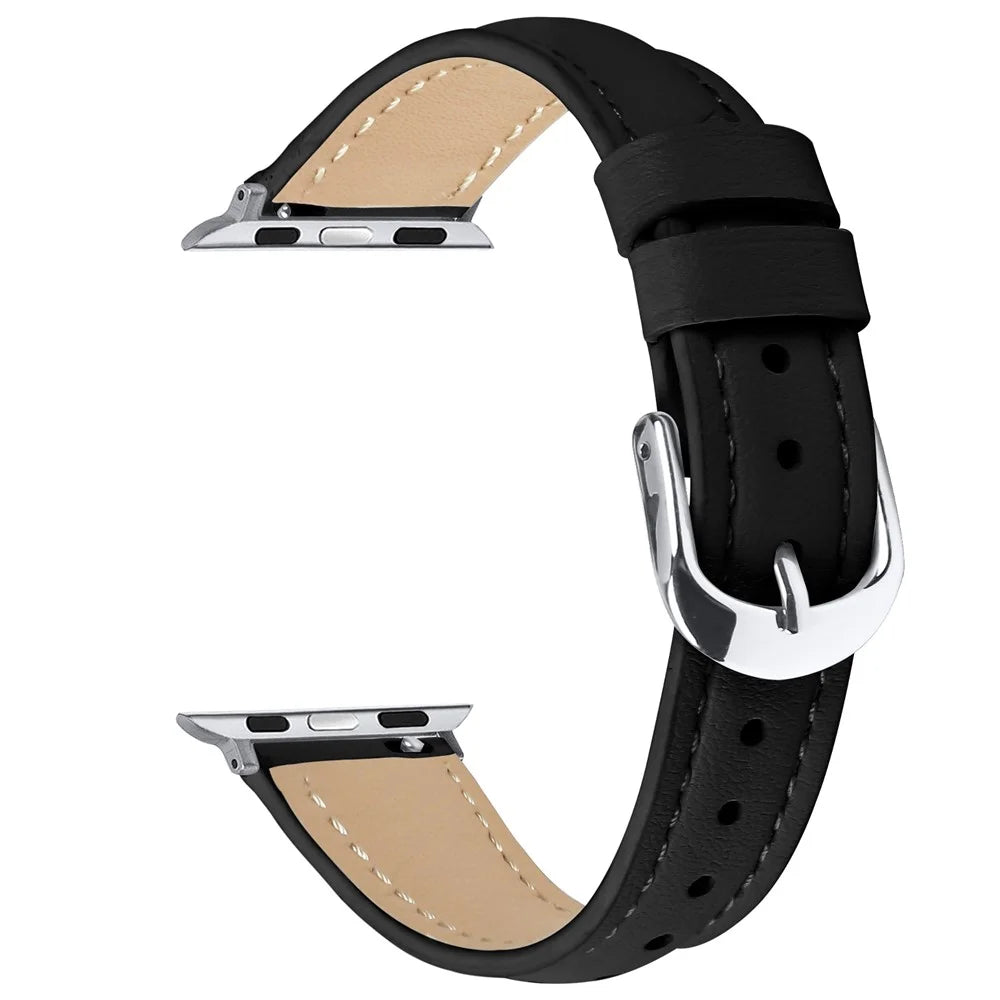 Watch Band For Apple Watch Ultra 3 2 1 49mm / Series 11 10 46mm / 9 8 7 45mm / SE3 SE2 SE 6 5 4 44mm / 3 2 1 42mm Genuine Cow Leather Strap with Silver Buckle - Black - 1