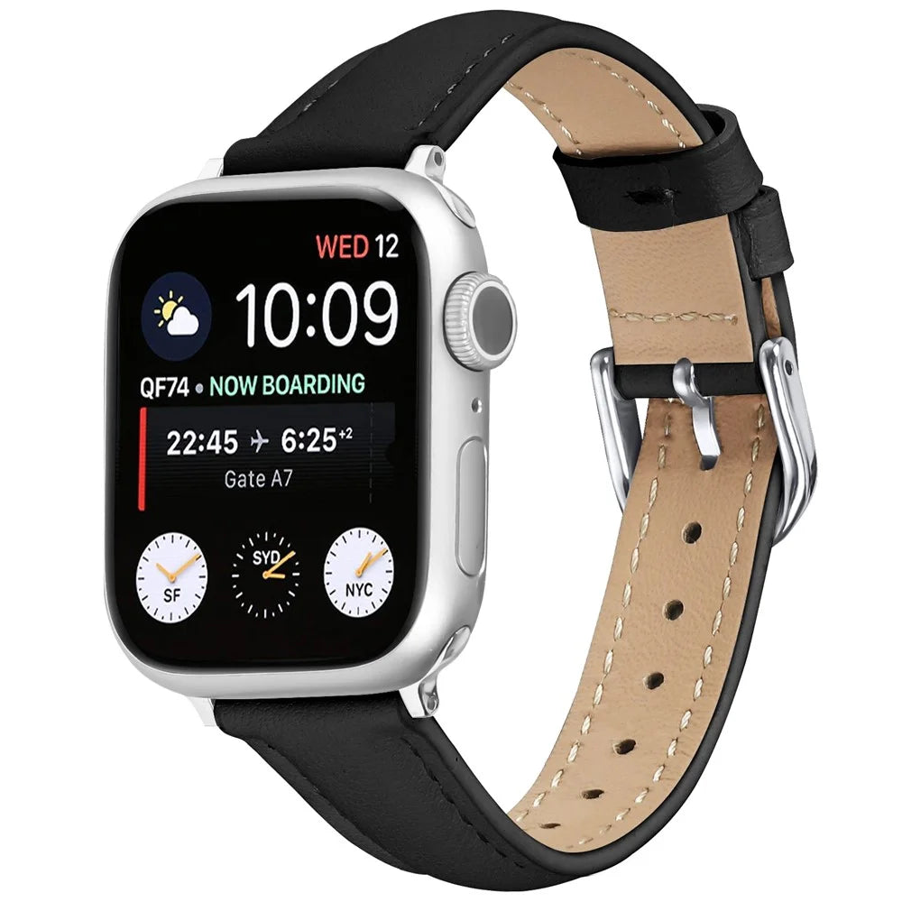 Watch Band For Apple Watch Ultra 3 2 1 49mm / Series 11 10 46mm / 9 8 7 45mm / SE3 SE2 SE 6 5 4 44mm / 3 2 1 42mm Genuine Cow Leather Strap with Silver Buckle - Black - 2