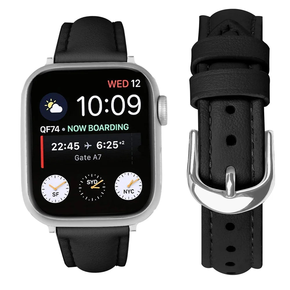 Watch Band For Apple Watch Ultra 3 2 1 49mm / Series 11 10 46mm / 9 8 7 45mm / SE3 SE2 SE 6 5 4 44mm / 3 2 1 42mm Genuine Cow Leather Strap with Silver Buckle - Black - 3