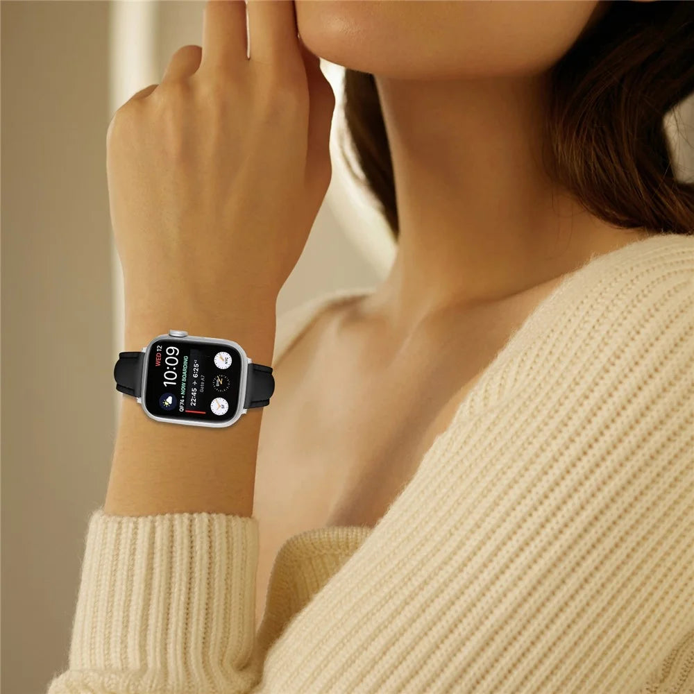 Watch Band For Apple Watch Ultra 3 2 1 49mm / Series 11 10 46mm / 9 8 7 45mm / SE3 SE2 SE 6 5 4 44mm / 3 2 1 42mm Genuine Cow Leather Strap with Silver Buckle - Black - 4