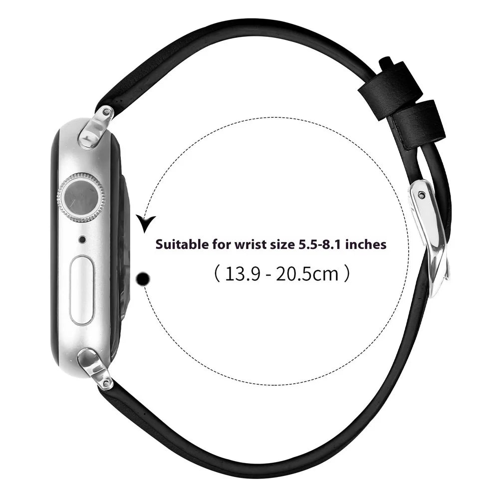 Watch Band For Apple Watch Ultra 3 2 1 49mm / Series 11 10 46mm / 9 8 7 45mm / SE3 SE2 SE 6 5 4 44mm / 3 2 1 42mm Genuine Cow Leather Strap with Silver Buckle - Black - 6