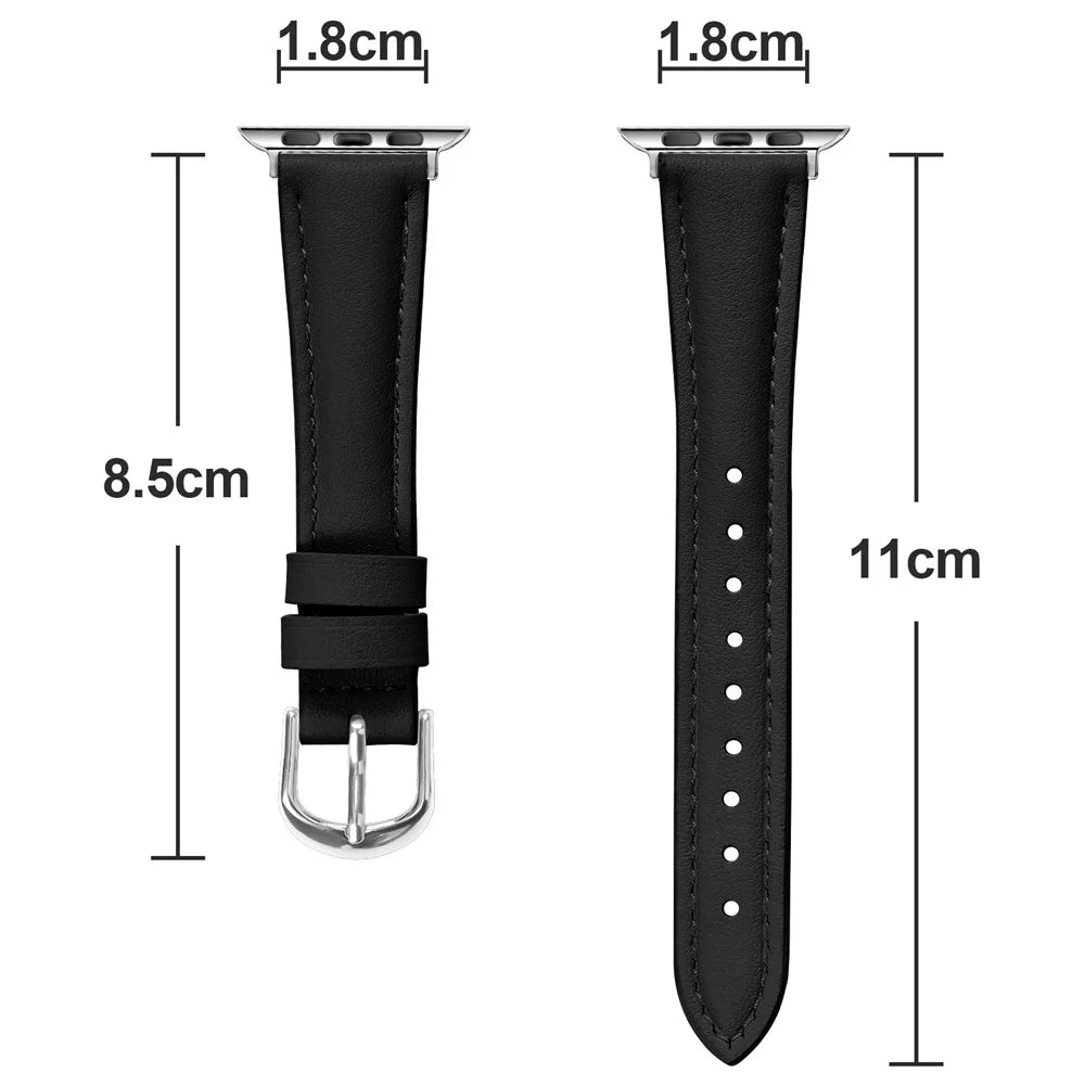 Watch Band For Apple Watch Ultra 3 2 1 49mm / Series 11 10 46mm / 9 8 7 45mm / SE3 SE2 SE 6 5 4 44mm / 3 2 1 42mm Genuine Cow Leather Strap with Silver Buckle - Black - 7