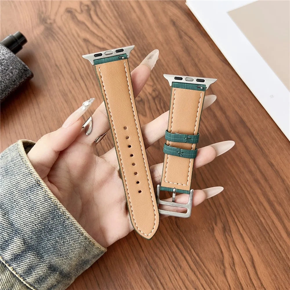 Watch Band For Apple Watch Ultra 3 2 1 49mm / Series 11 10 46mm / 9 8 7 45mm / SE3 SE2 SE 6 5 4 44mm / 3 2 1 42mm Braided Checkered Pattern Leather Wrist Strap - Orange - 7