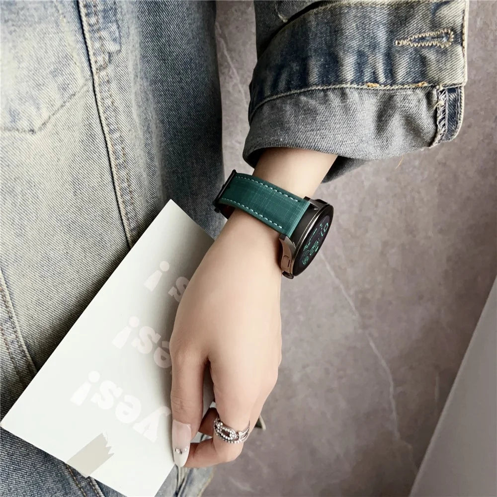 For Samsung Galaxy Watch7 44mm  /  40mm Watch Band 20mm Braided Checkered Pattern Ring Buckle Leather Wrist Strap - Dark Green - 7
