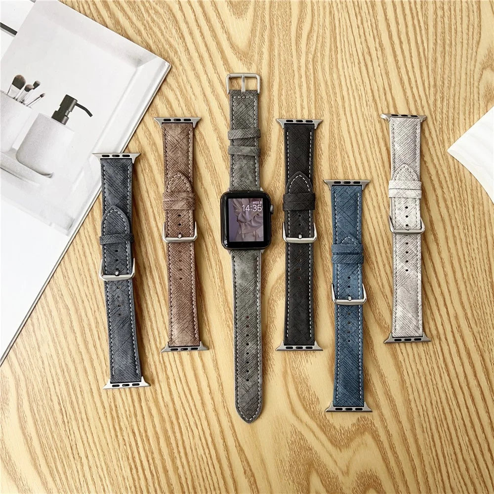 Watch Bands For Apple Watch Series 11 10 42mm / 9 8 7 41mm / SE3 SE2 SE 6 5 4 40mm / 3 2 1 38mm Leather Wrist Strap with Steel Buckle - Indigo - 7
