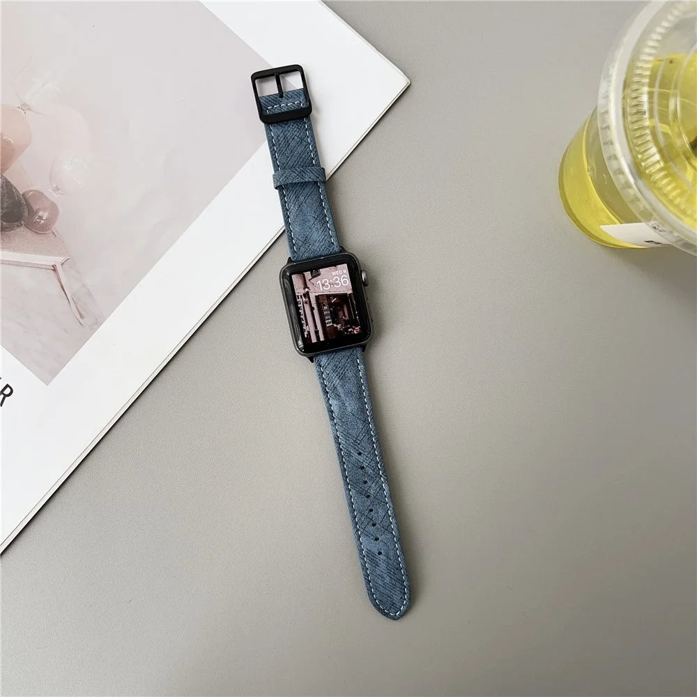 Double Loop Buckle Leather Band For Apple Watch Series 11 10 42mm / 9 8 7 41mm / SE3 SE2 SE 6 5 4 40mm / 3 2 1 38mm Watch Bands Strap - Black - 5