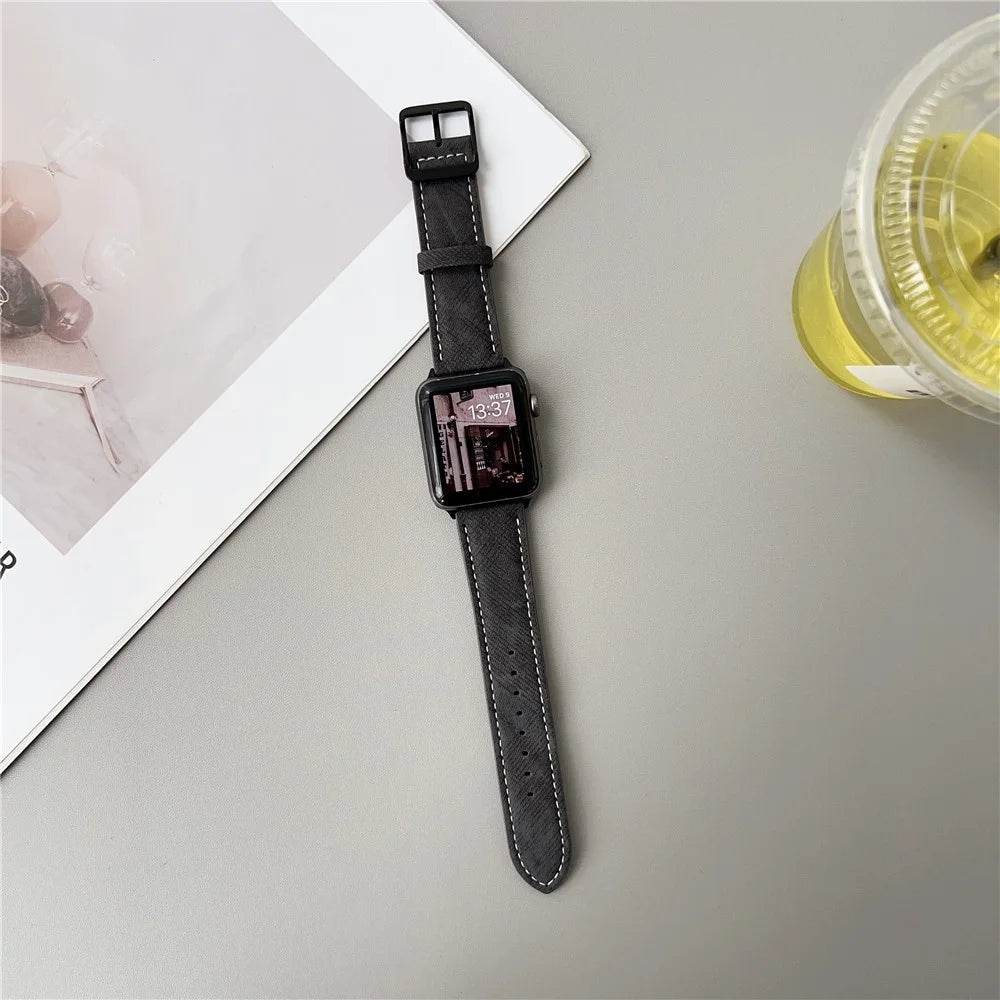 Double Loop Buckle Leather Band For Apple Watch Ultra 3 2 1 49mm / Series 11 10 46mm / 9 8 7 45mm / SE3 SE2 SE 6 5 4 44mm / 3 2 1 42mm Watch Strap - Cream Coffee - 6