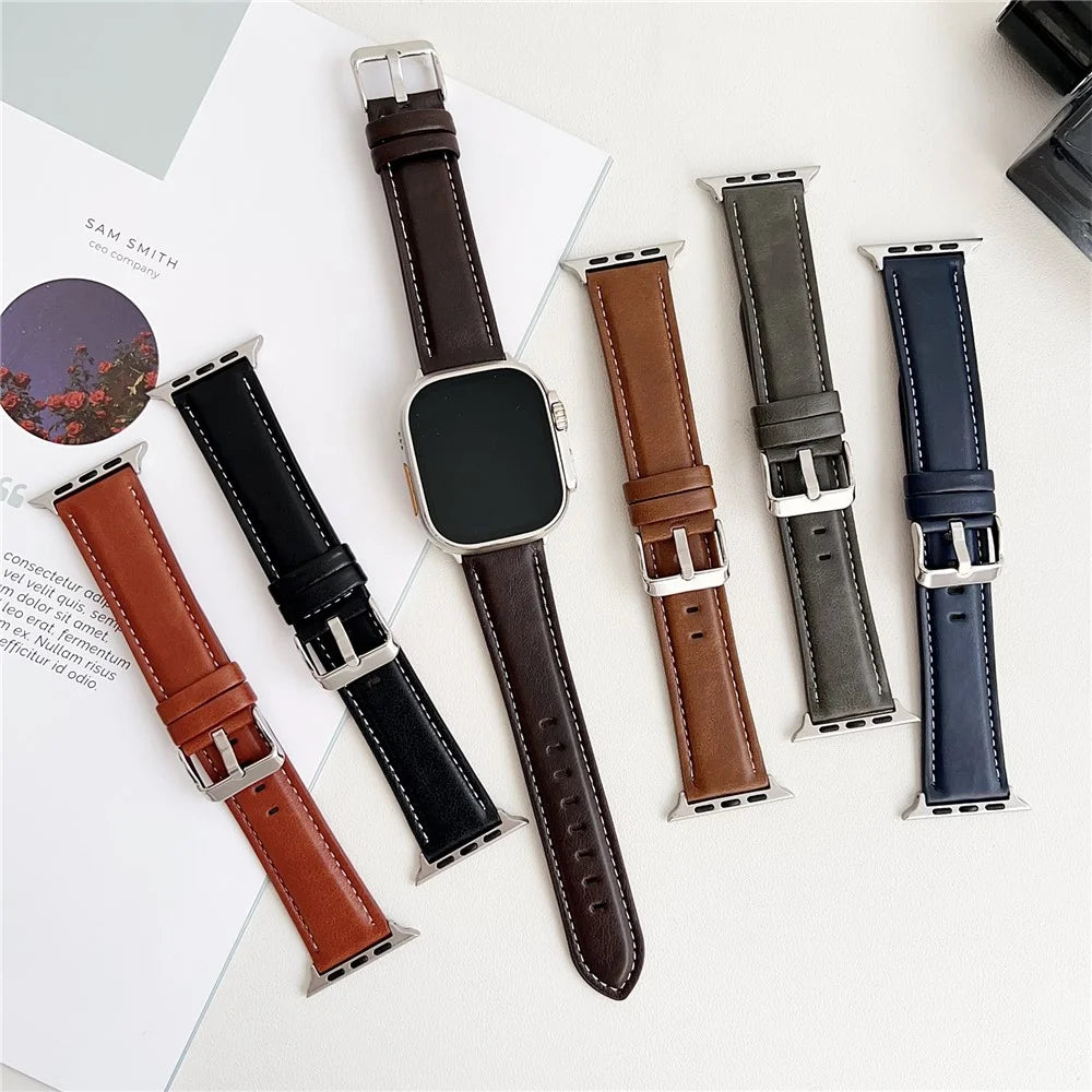 Watch Band For Apple Watch Ultra 3 2 1 49mm / Series 11 10 46mm / 9 8 7 45mm / SE3 SE2 SE 6 5 4 44mm / 3 2 1 42mm Crazy Horse Texture Leather Wrist Strap - Black - 5