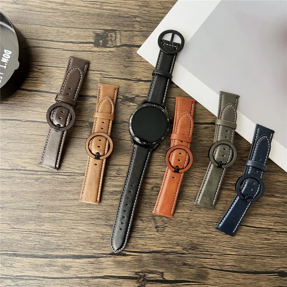 For Samsung Galaxy Watch7 44mm  /  40mm Watch Band 20mm Crazy Horse Texture Round Buckle Leather Wrist Strap - Black Brown - 7