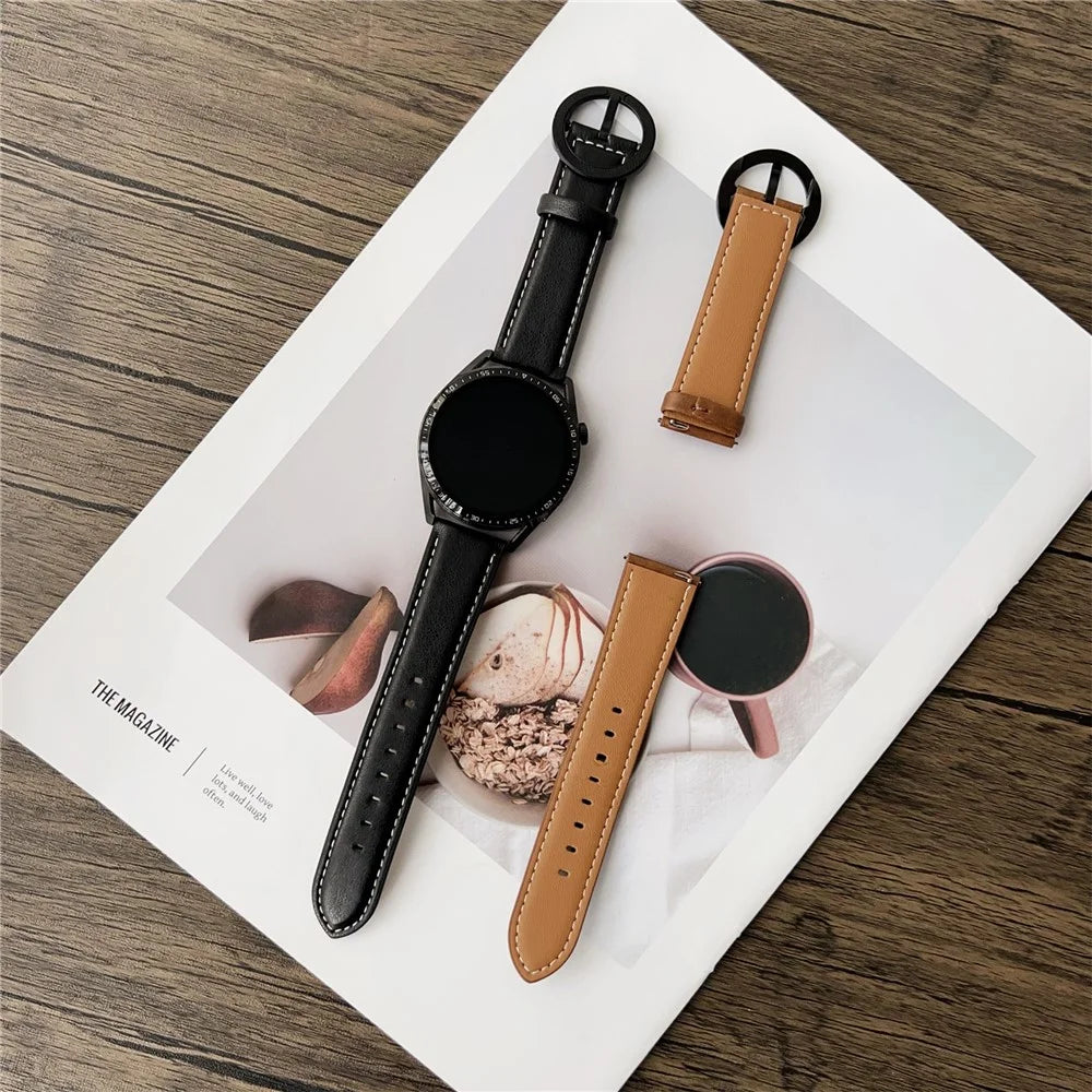 For Huawei Watch GT 5 46mm Watch Band 22mm Crazy Horse Texture Round Buckle Leather Wrist Strap - Black Brown - 3