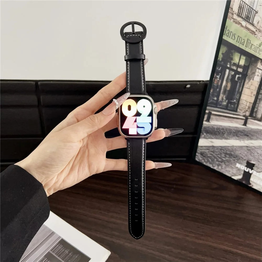 Watch Band For Apple Watch Series 11 10 42mm / 9 8 7 41mm / SE3 SE2 SE 6 5 4 40mm / 3 2 1 38mm Crazy Horse Texture Round Buckle Leather Wrist Strap - Black Brown - 2