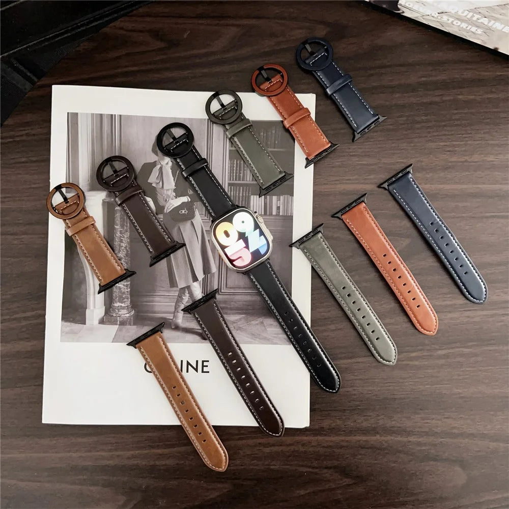 Watch Band For Apple Watch Series 11 10 42mm / 9 8 7 41mm / SE3 SE2 SE 6 5 4 40mm / 3 2 1 38mm Crazy Horse Texture Round Buckle Leather Wrist Strap - Black Brown - 6