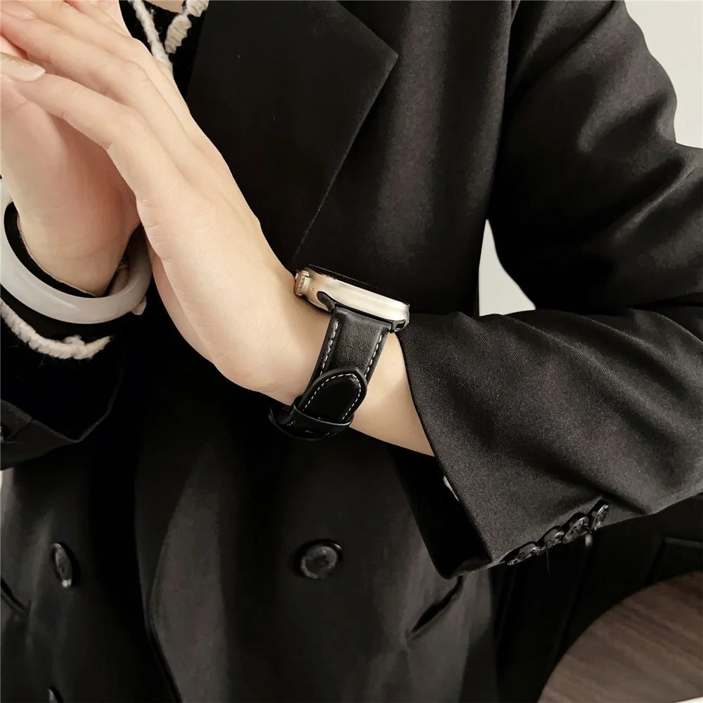Crazy Horse Texture Round Buckle Leather Watch Band For Apple Watch Ultra 3 2 1 49mm / Series 11 10 46mm / 9 8 7 45mm / SE3 SE2 SE 6 5 4 44mm / 3 2 1 42mm - Black Brown - 3
