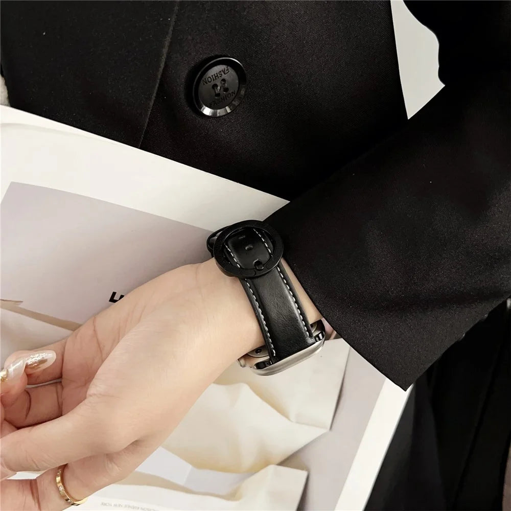 Crazy Horse Texture Round Buckle Leather Watch Band For Apple Watch Ultra 3 2 1 49mm / Series 11 10 46mm / 9 8 7 45mm / SE3 SE2 SE 6 5 4 44mm / 3 2 1 42mm - Black Brown - 4