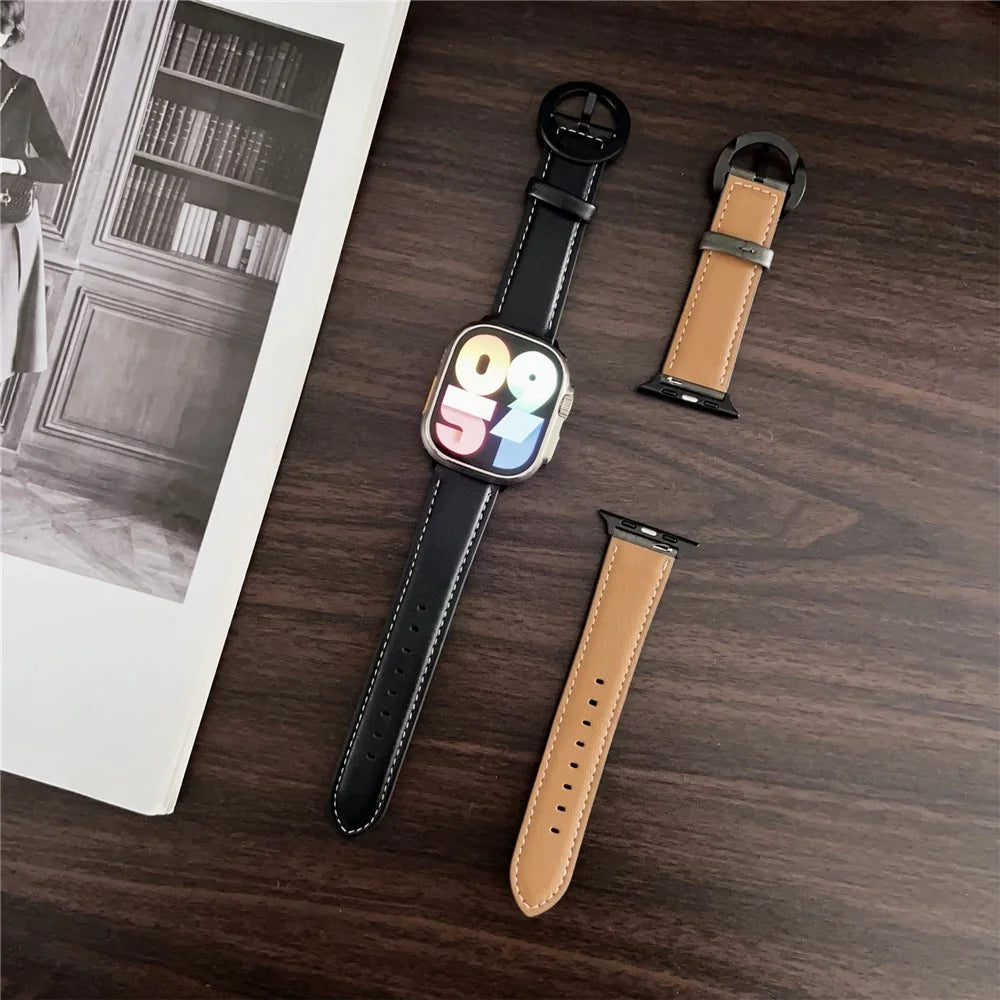 Crazy Horse Texture Round Buckle Leather Watch Band For Apple Watch Ultra 3 2 1 49mm / Series 11 10 46mm / 9 8 7 45mm / SE3 SE2 SE 6 5 4 44mm / 3 2 1 42mm - Black Brown - 5